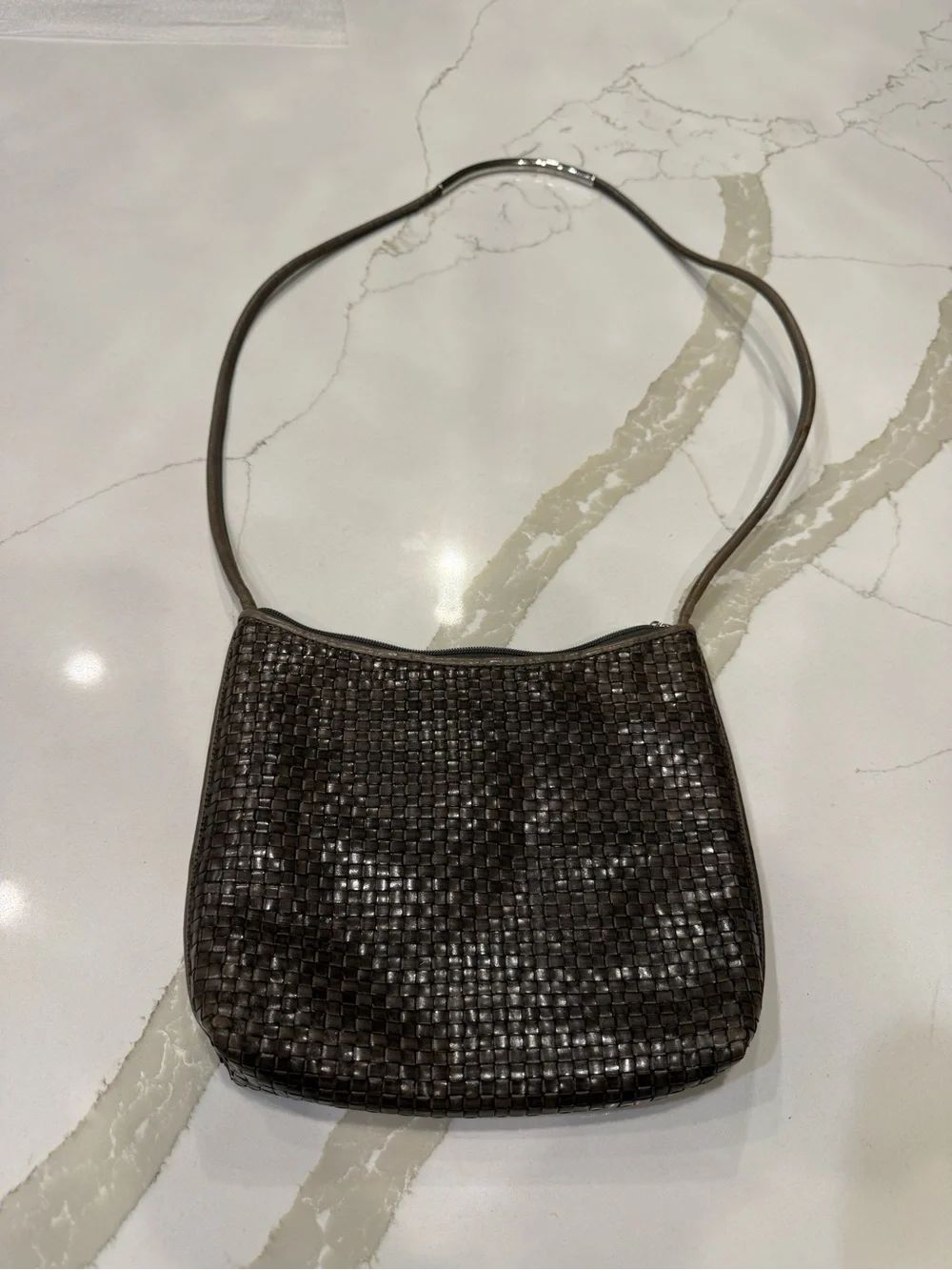 GEM Woven Genuine Leather Shoulder Bag in Dark Brown